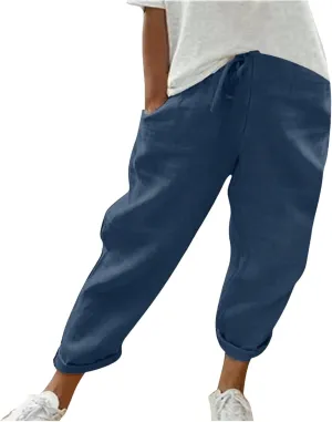 Women's Solid Color Elastic Waist Loose Side Button Decoration Versatile Nine Point Casual Pants Capris Pants