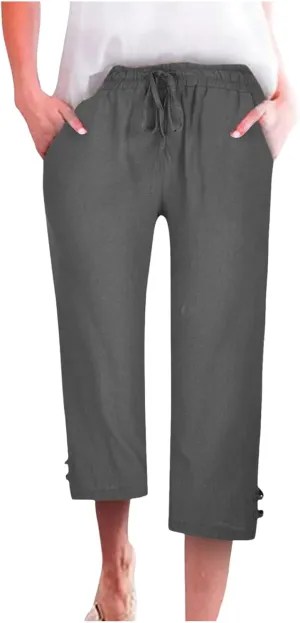 Women's Solid Color Elastic Waist Loose Side Button Decoration Versatile Nine Point Casual Pants Capris Pants