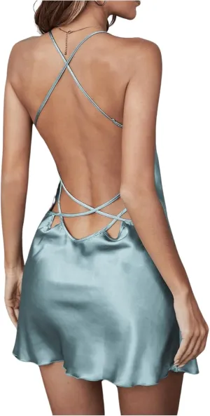 Women's Spaghetti Strap Backless Silk Nightgown Criss Cross Satin Slip Dress Soft Mini Sleep Dress