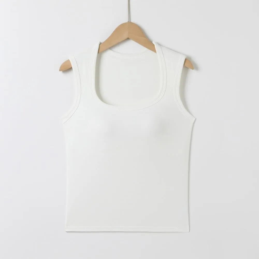 Women's Square Neck Spaghetti Strap Tank Tops with Built in Bra Seamless Camisole Yoga Sport Bra Silm Fit Cute Top