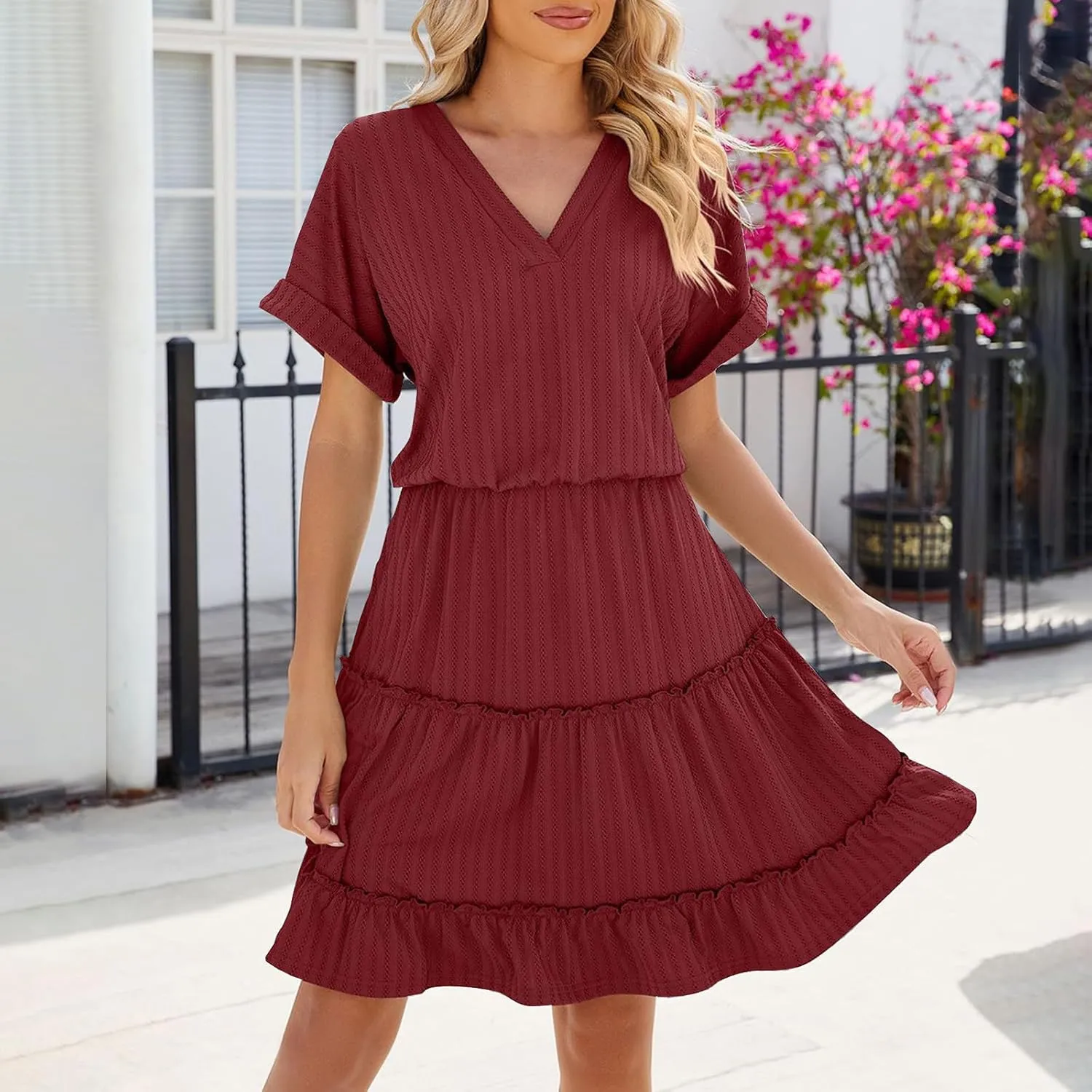Womens Summer Casual Dresses 2025 V Neck Short Sleeve Beach Sundresses Flowy Tiered Solid Color Beach T Shirt Dress