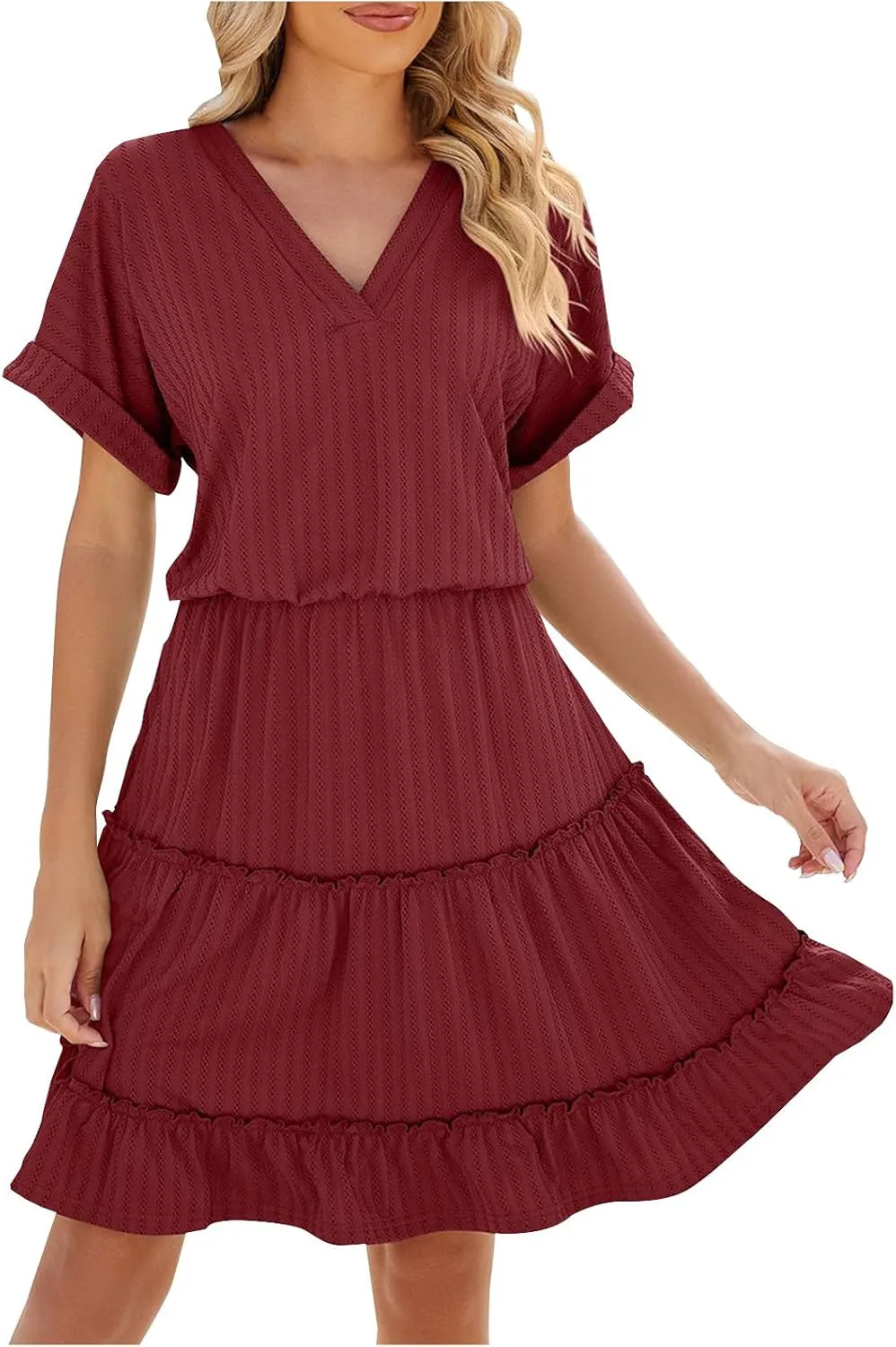 Womens Summer Casual Dresses 2025 V Neck Short Sleeve Beach Sundresses Flowy Tiered Solid Color Beach T Shirt Dress