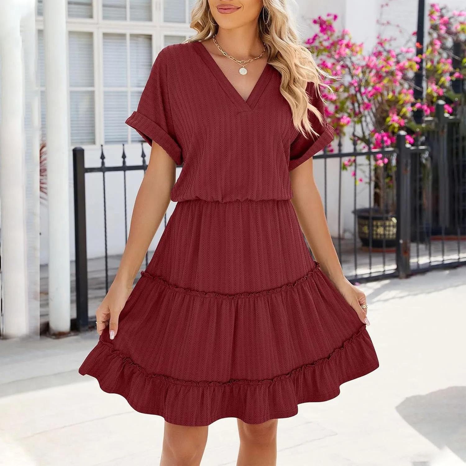 Womens Summer Casual Dresses 2025 V Neck Short Sleeve Beach Sundresses Flowy Tiered Solid Color Beach T Shirt Dress
