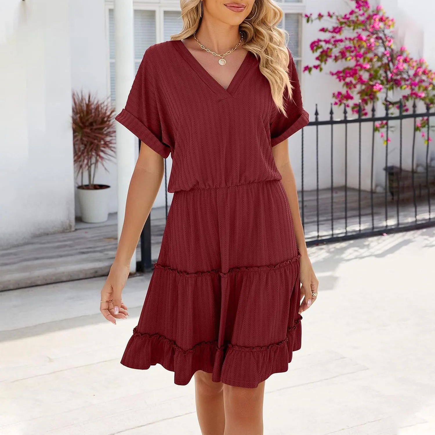 Womens Summer Casual Dresses 2025 V Neck Short Sleeve Beach Sundresses Flowy Tiered Solid Color Beach T Shirt Dress