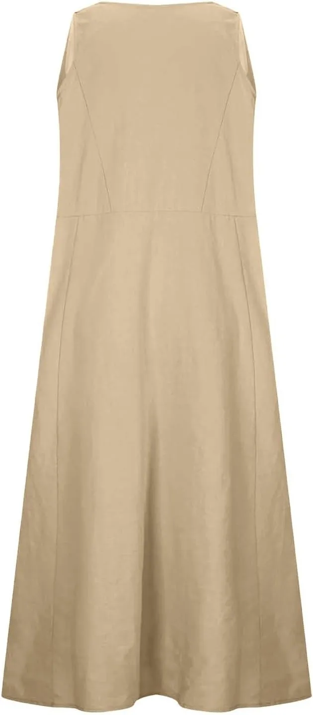 Women's Summer Cotton Linen Long Dress Sleeveless Elegant Flowy Dresses Plus Size Loose Comfy Dresses with Pockets