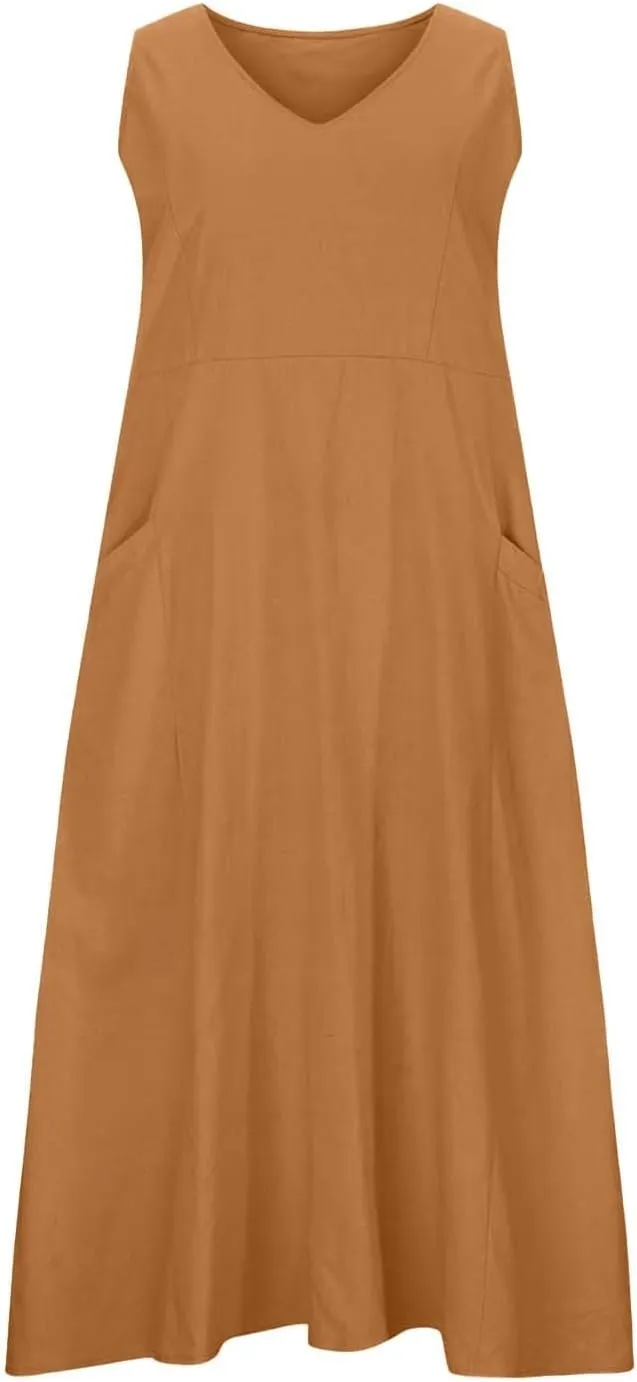 Women's Summer Cotton Linen Long Dress Sleeveless Elegant Flowy Dresses Plus Size Loose Comfy Dresses with Pockets