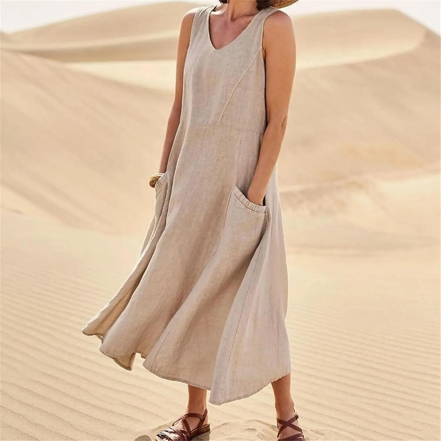 Women's Summer Cotton Linen Long Dress Sleeveless Elegant Flowy Dresses Plus Size Loose Comfy Dresses with Pockets