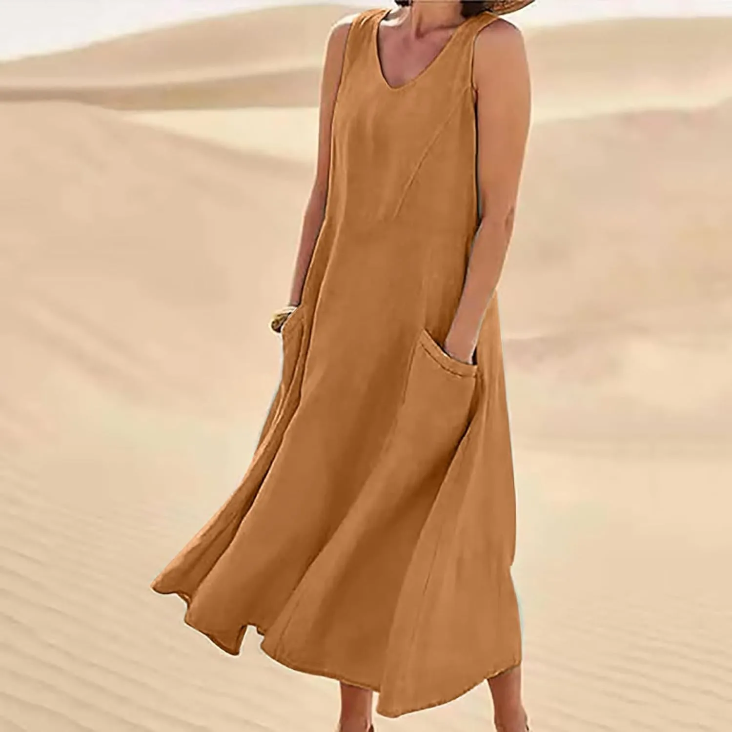 Women's Summer Cotton Linen Long Dress Sleeveless Elegant Flowy Dresses Plus Size Loose Comfy Dresses with Pockets