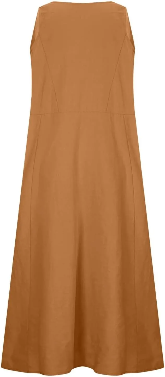 Women's Summer Cotton Linen Long Dress Sleeveless Elegant Flowy Dresses Plus Size Loose Comfy Dresses with Pockets