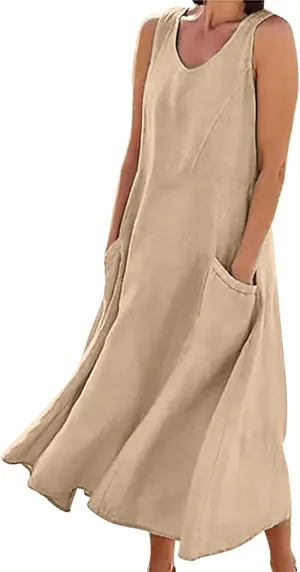 Women's Summer Cotton Linen Long Dress Sleeveless Elegant Flowy Dresses Plus Size Loose Comfy Dresses with Pockets