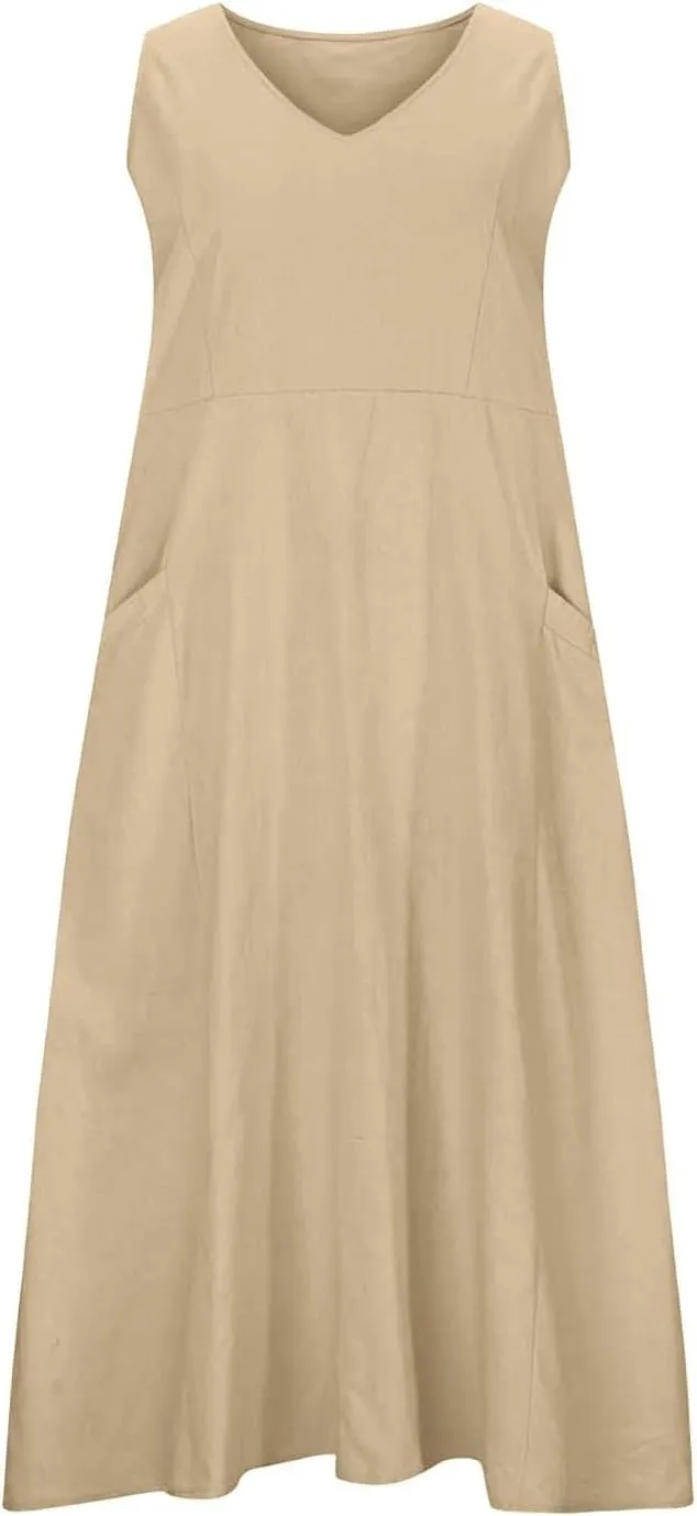 Women's Summer Cotton Linen Long Dress Sleeveless Elegant Flowy Dresses Plus Size Loose Comfy Dresses with Pockets