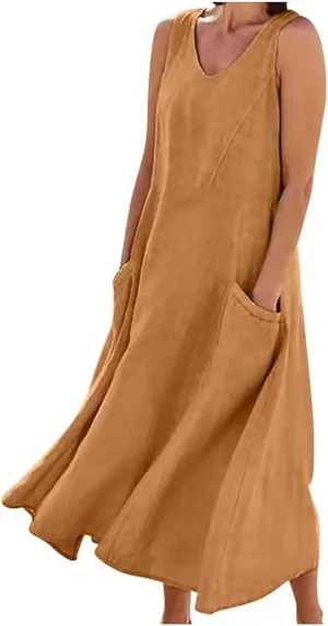 Women's Summer Cotton Linen Long Dress Sleeveless Elegant Flowy Dresses Plus Size Loose Comfy Dresses with Pockets