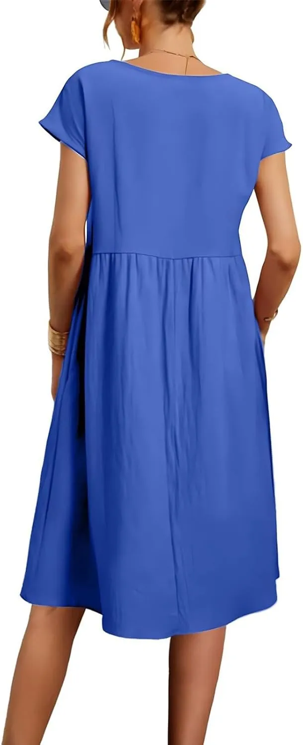Women's Summer Dresses 2025 Beach Casual Deep V Neck Loose Short Sleeve Mini Sundress with Pockets