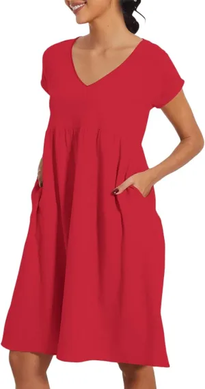 Women's Summer Dresses 2025 Beach Casual Deep V Neck Loose Short Sleeve Mini Sundress with Pockets