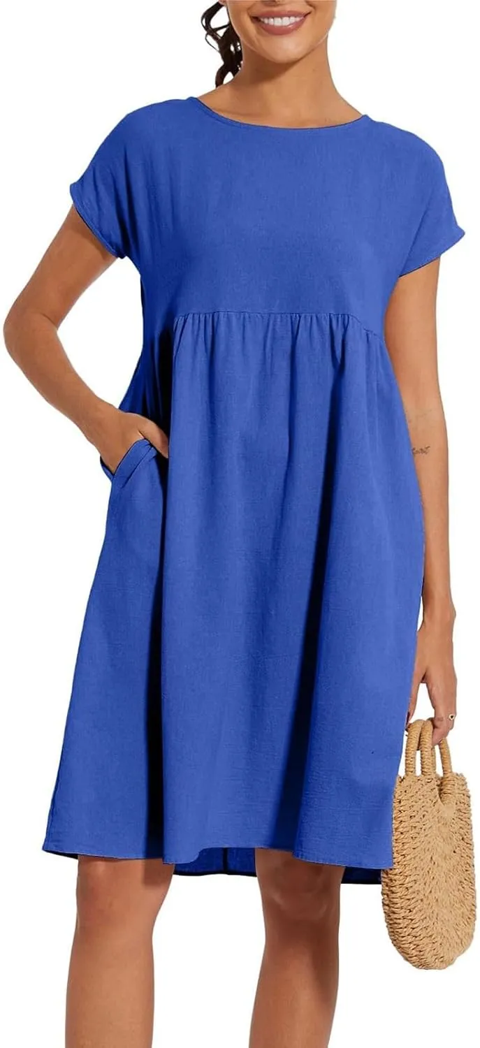 Women's Summer Dresses 2025 Beach Casual Deep V Neck Loose Short Sleeve Mini Sundress with Pockets