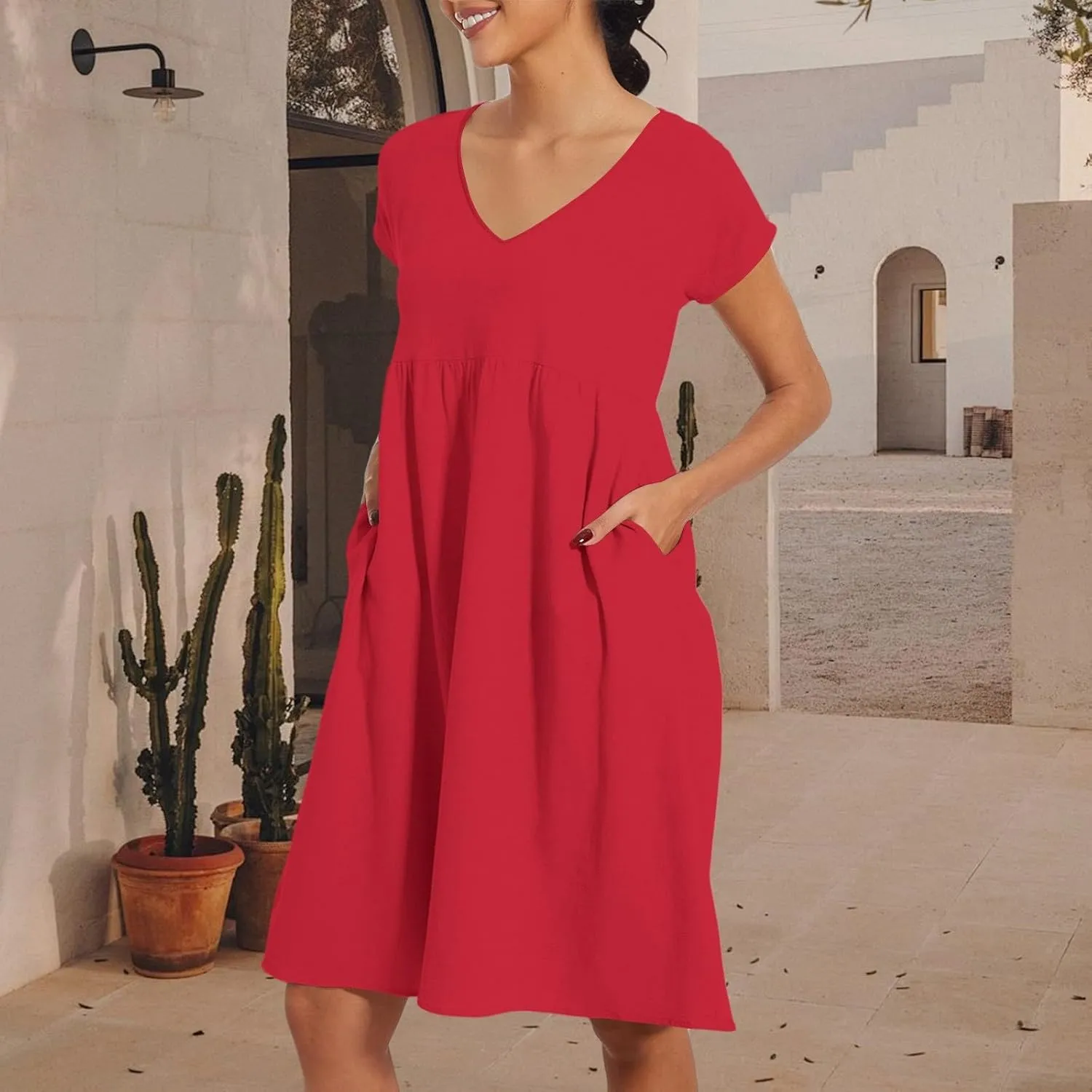 Women's Summer Dresses 2025 Beach Casual Deep V Neck Loose Short Sleeve Mini Sundress with Pockets