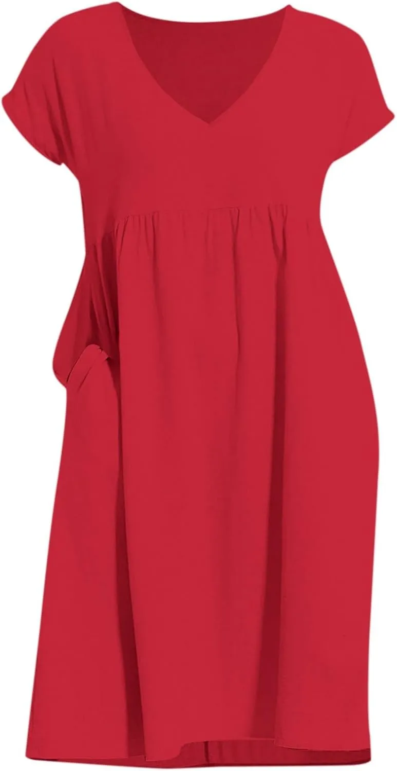 Women's Summer Dresses 2025 Beach Casual Deep V Neck Loose Short Sleeve Mini Sundress with Pockets