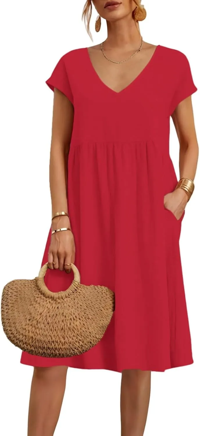 Women's Summer Dresses 2025 Beach Casual Deep V Neck Loose Short Sleeve Mini Sundress with Pockets
