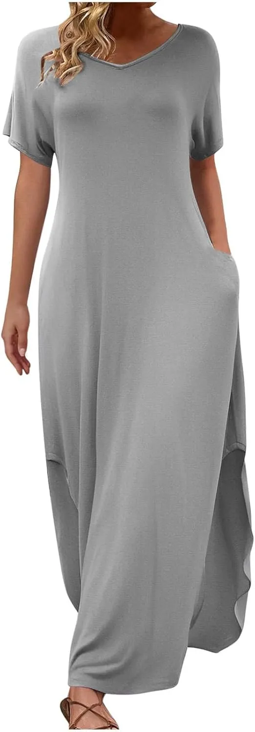 Women's Summer Maxi Dress Short Sleeve V Neck Casual Loose Long Beach Split Dresses with Pockets