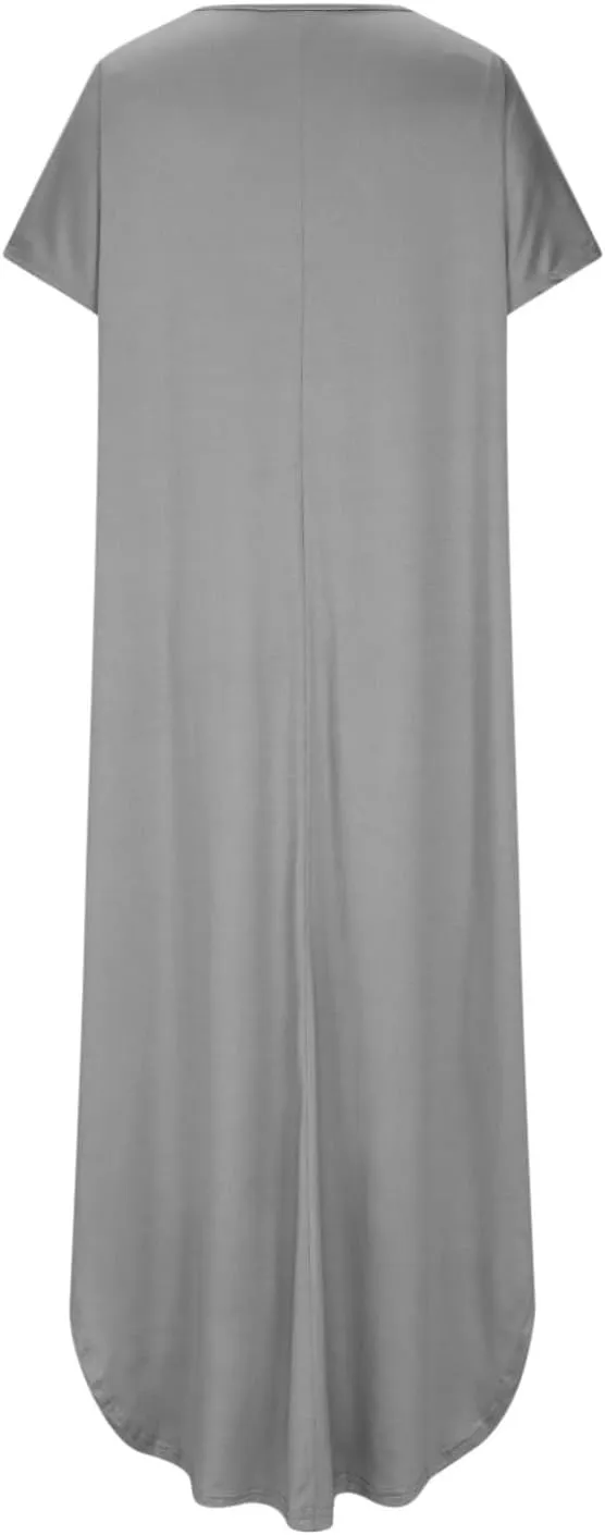Women's Summer Maxi Dress Short Sleeve V Neck Casual Loose Long Beach Split Dresses with Pockets