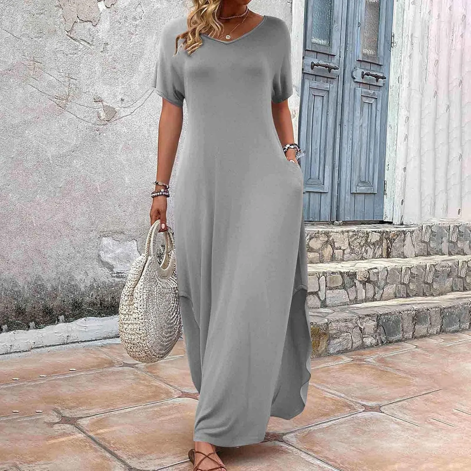 Women's Summer Maxi Dress Short Sleeve V Neck Casual Loose Long Beach Split Dresses with Pockets