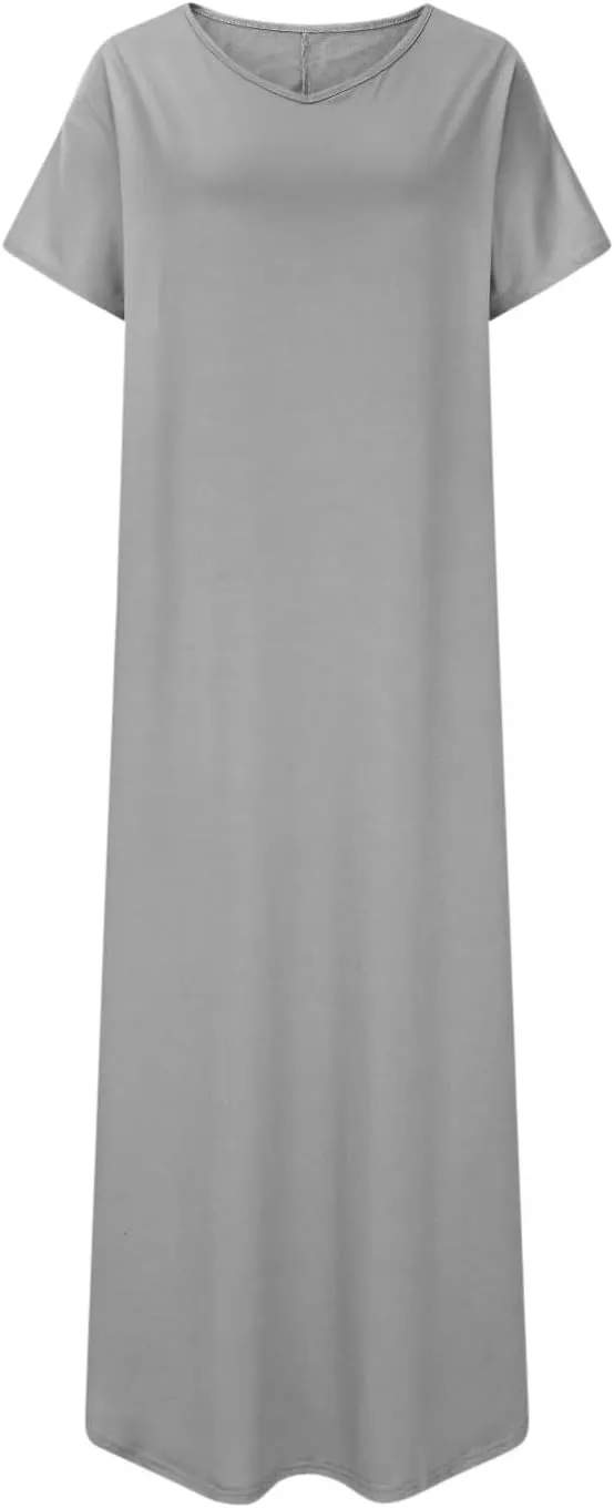 Women's Summer Maxi Dress Short Sleeve V Neck Casual Loose Long Beach Split Dresses with Pockets