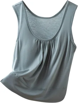 Womens Summer Sleeveless Pajama with Built in Bra Casual Modal Pleated Tank Tops Loose Soft Scoop Neck Tunic Tshirts