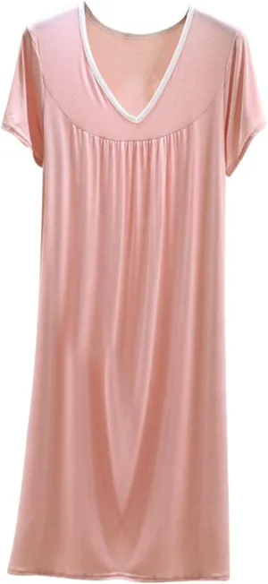 Women's Summer Soft Nightgown Color Block Loose V Neck Pleated Sleepshirts Short Sleeve Comfy Sleepwear Nightdress