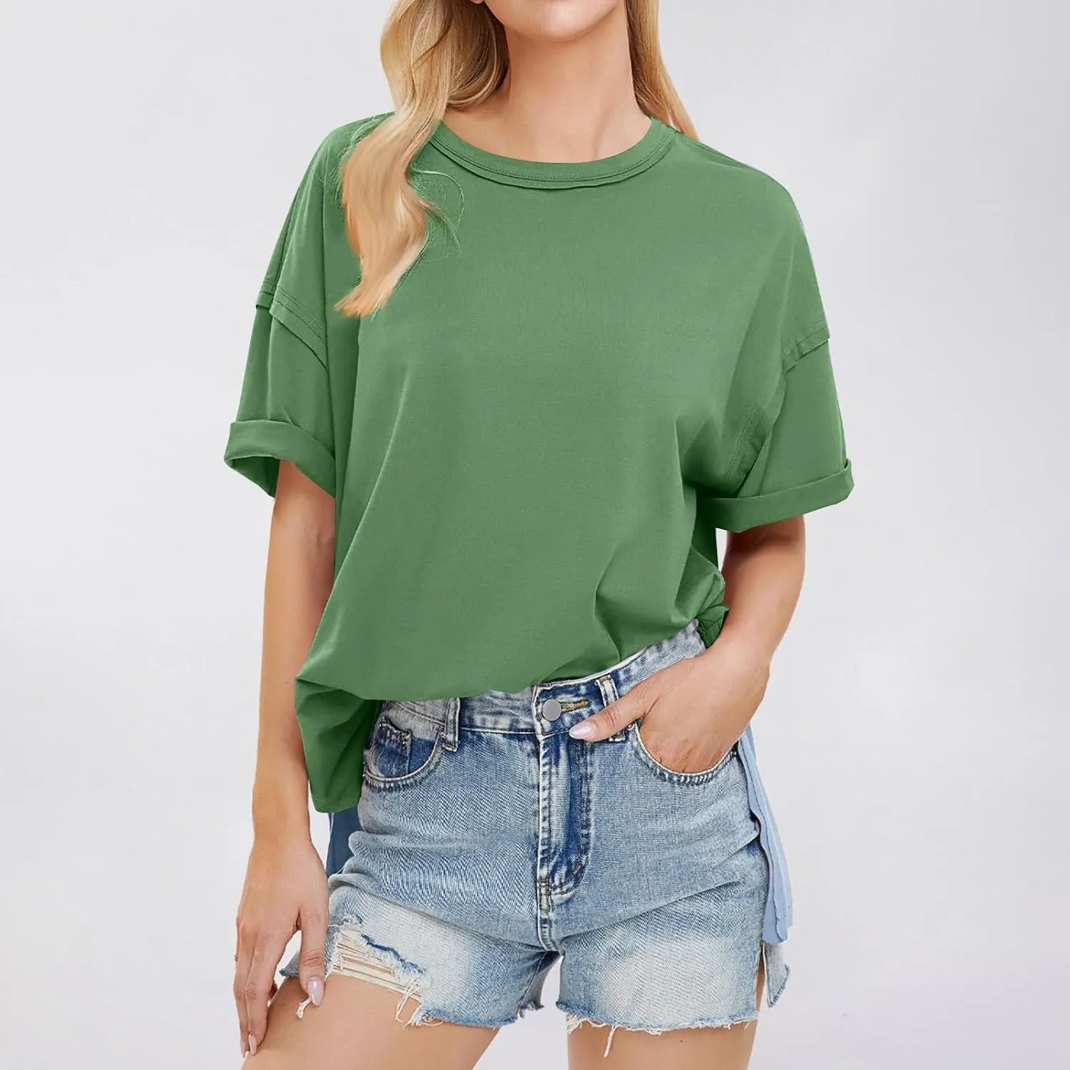 Womens Summer T Shirts Oversized Short Sleeve Crew Neck Loose Tops Side Split Hem Solid Color Basic Casual Tee 2025