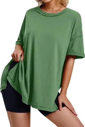 Womens Summer T Shirts Oversized Short Sleeve Crew Neck Loose Tops Side Split Hem Solid Color Basic Casual Tee 2025