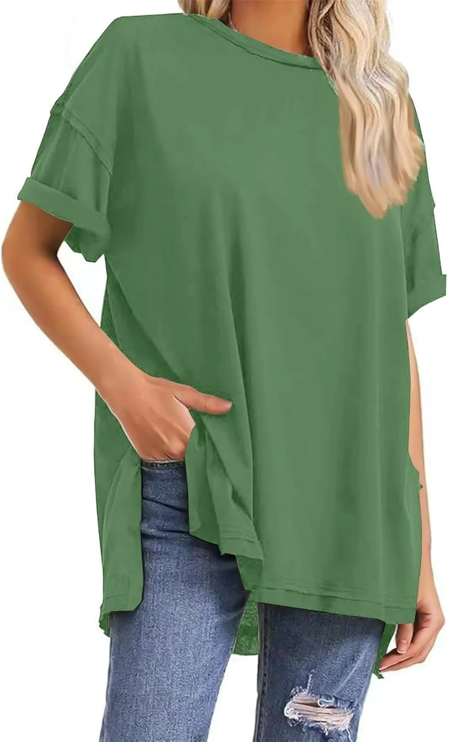 Womens Summer T Shirts Oversized Short Sleeve Crew Neck Loose Tops Side Split Hem Solid Color Basic Casual Tee 2025