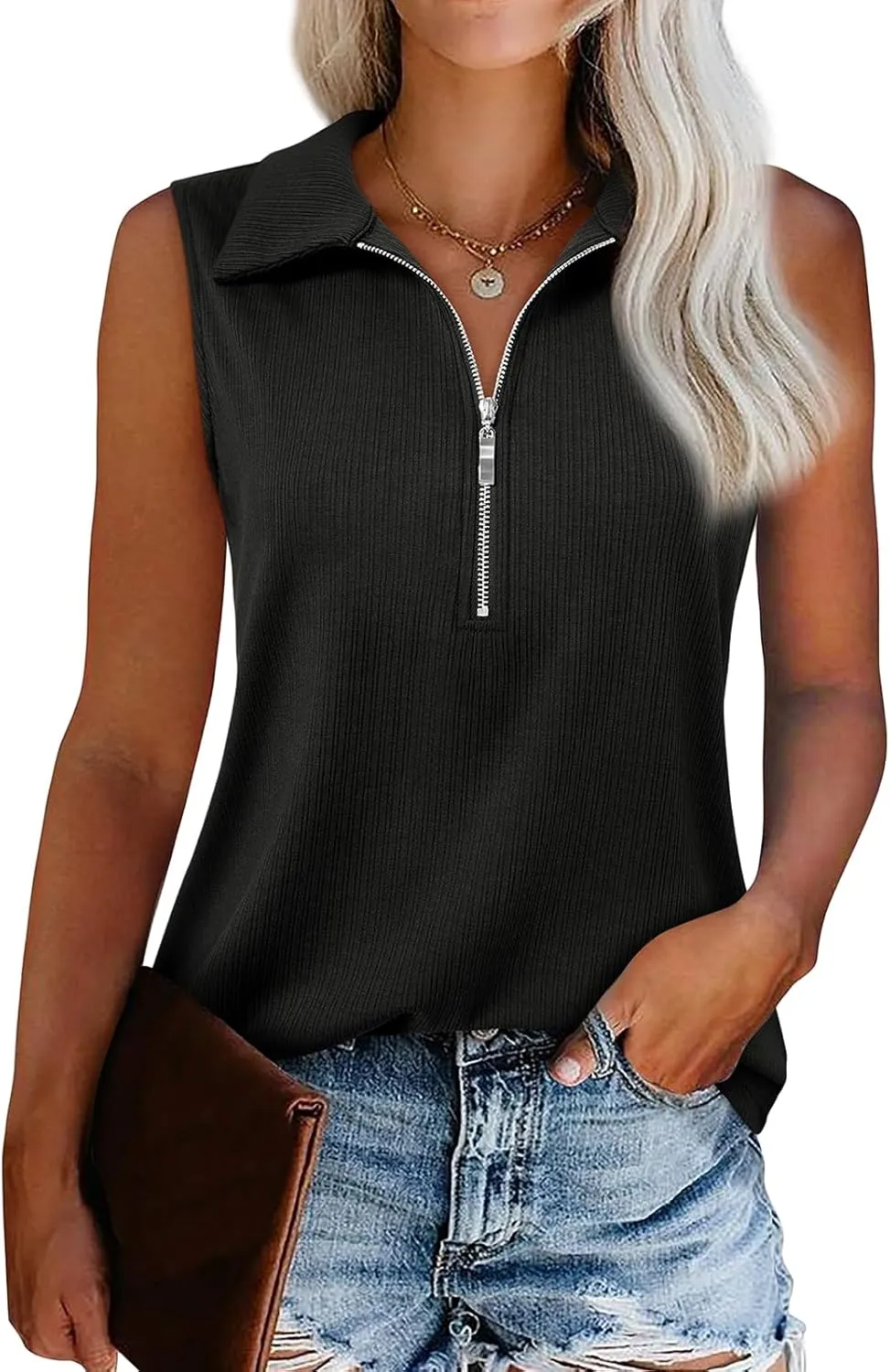 Womens Summer Tops Trendy Ribbed Tank Top Sleeveless Zipper V Neck Dressy Casual Blouses Loose Fit Shirts Camisole