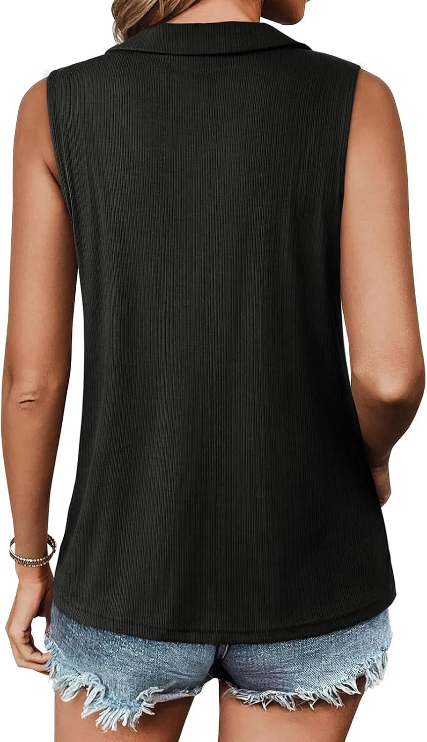 Womens Summer Tops Trendy Ribbed Tank Top Sleeveless Zipper V Neck Dressy Casual Blouses Loose Fit Shirts Camisole