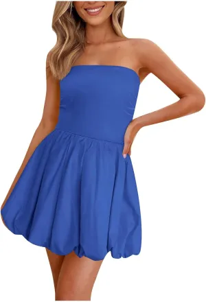 Women's Tube Top Dress 2025 Summer Casual Smocked A Line Sundress Trendy Strapless Bubble Short Beach Mini Dresses