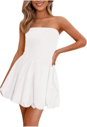Women's Tube Top Dress 2025 Summer Casual Smocked A Line Sundress Trendy Strapless Bubble Short Beach Mini Dresses