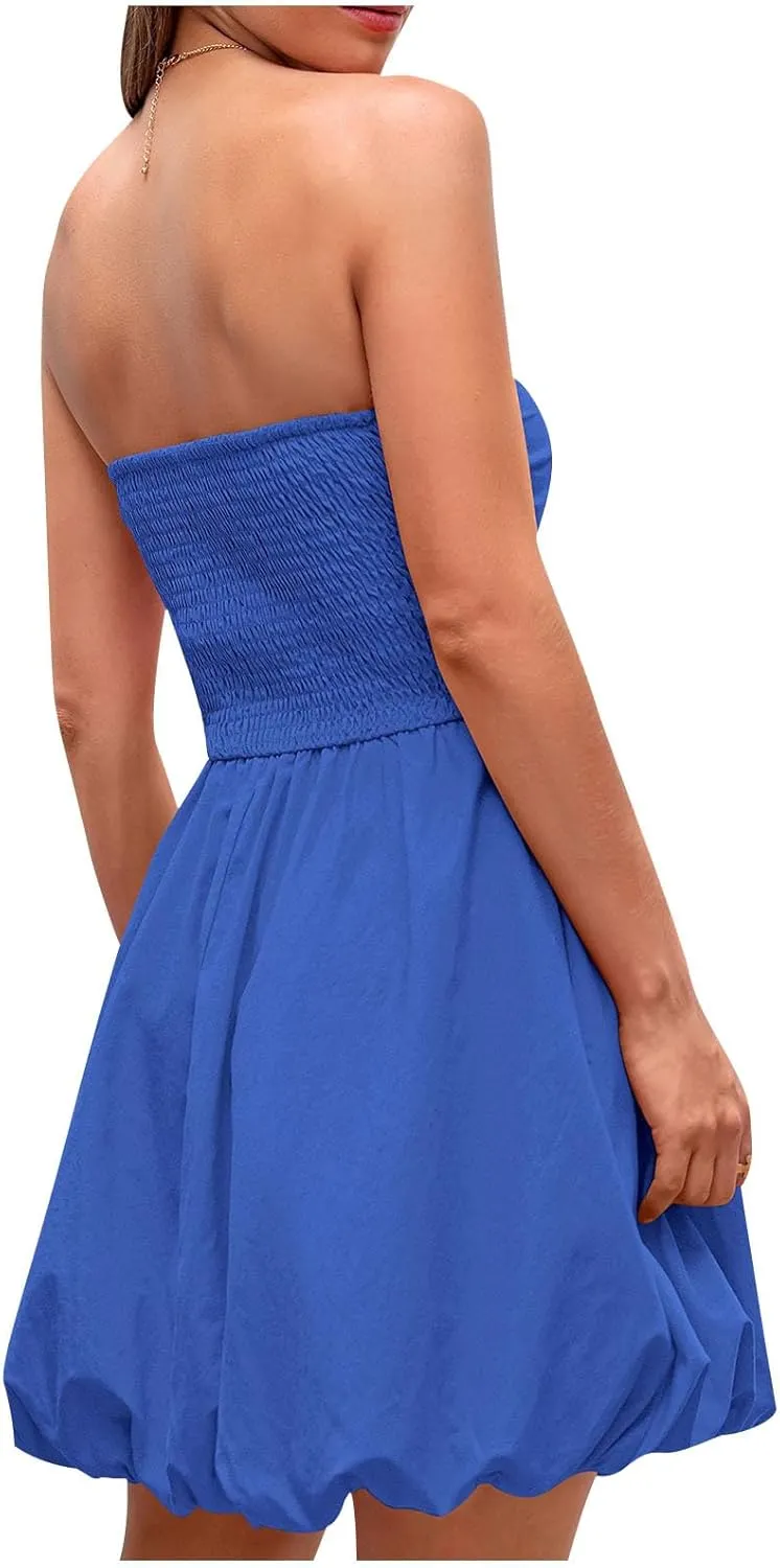 Women's Tube Top Dress 2025 Summer Casual Smocked A Line Sundress Trendy Strapless Bubble Short Beach Mini Dresses