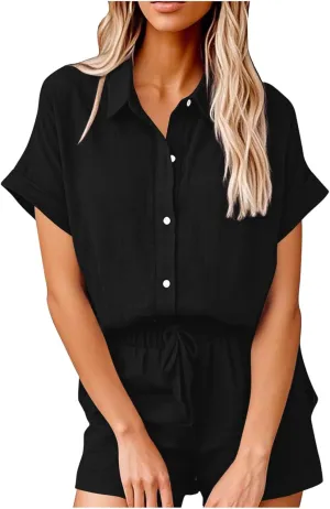Womens Two Piece Outfits Summer Cotton Linen Short Sleeve Shirts Casual Loose Fit Drawstring Shorts Sets with Pocket