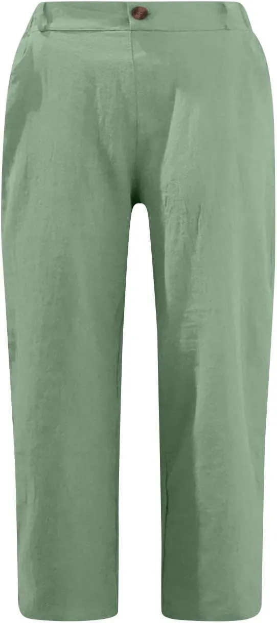 Womens Wide Leg Capri Pants Solid Color Straight Leg Lounge Trousers Botton Elastic Loose Pants Pockets Slim Fit Pants
