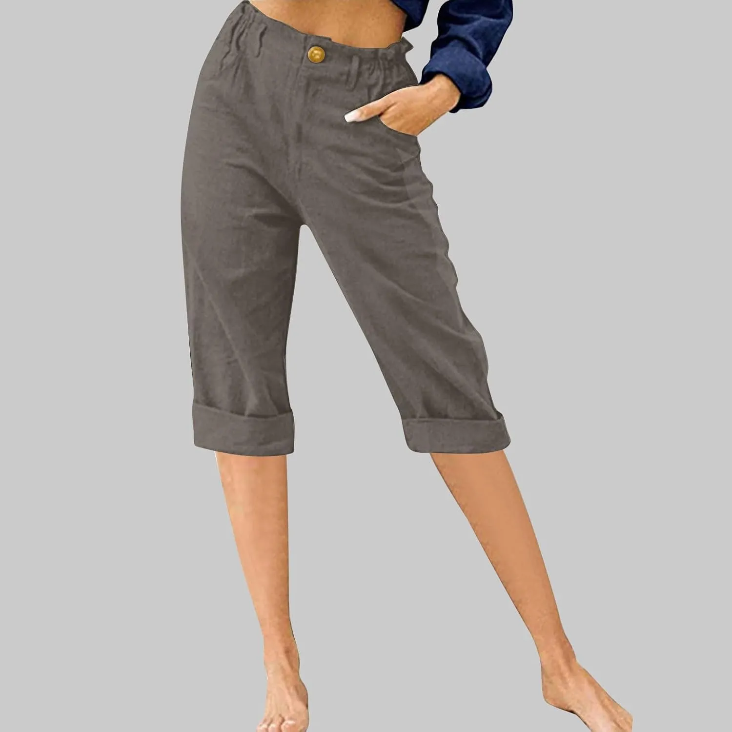 Womens Wide Leg Capri Pants Solid Color Straight Leg Lounge Trousers Botton Elastic Loose Pants Pockets Slim Fit Pants