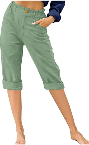 Womens Wide Leg Capri Pants Solid Color Straight Leg Lounge Trousers Botton Elastic Loose Pants Pockets Slim Fit Pants
