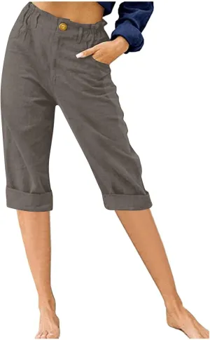 Womens Wide Leg Capri Pants Solid Color Straight Leg Lounge Trousers Botton Elastic Loose Pants Pockets Slim Fit Pants