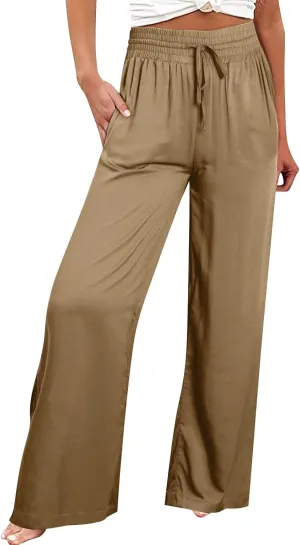 Women's Wide Leg Lounge Pants Summer High Waist Drawstring Loose Light Weight Fit Casual Trousers Comfy Palazzo Pants 2024