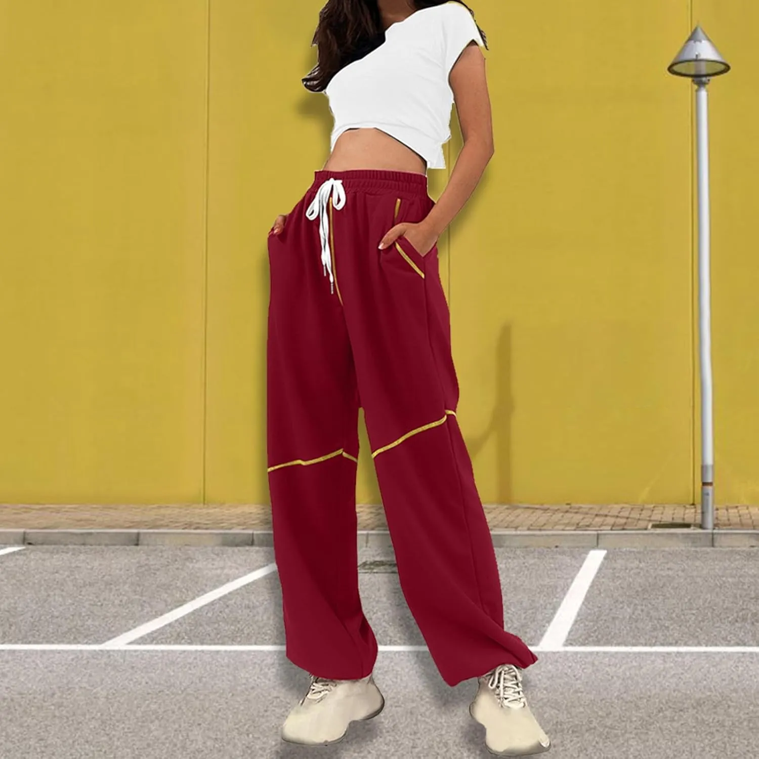 Women's Wide Leg Sweatpants 2025 Baggy Wide Fleece Lined Straight Leg Pant Drawstring Athletic Joggers with Pockets