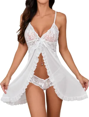 YaShaer Women Plus Size Lingerie Babydoll Dress Lace Chemise Sleepwear Mesh Nightgown with Thong V Neck Set S-5XL