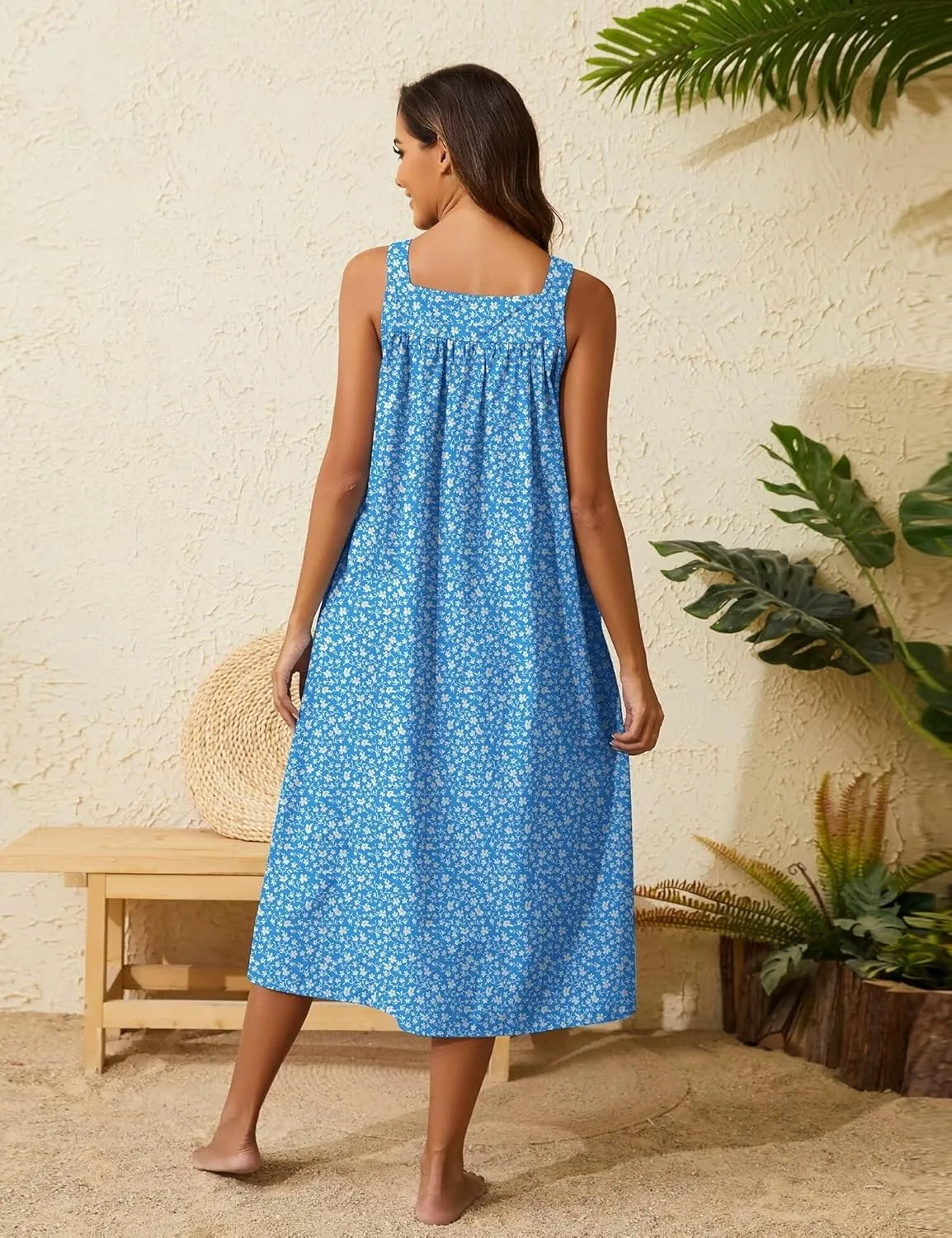 YOZLY Cotton Nightgowns for Women Embroidery Sleeveless Night Gown with Pockets S-XXXL