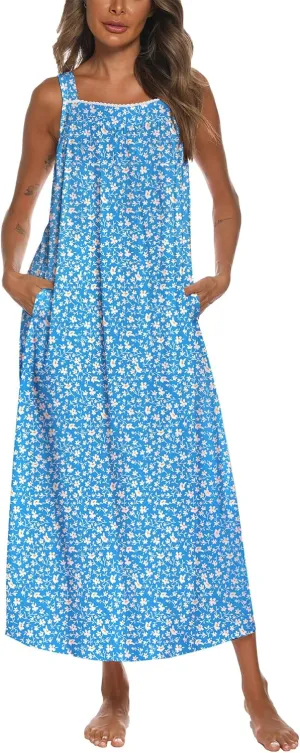 YOZLY Cotton Nightgowns for Women Embroidery Sleeveless Night Gown with Pockets S-XXXL