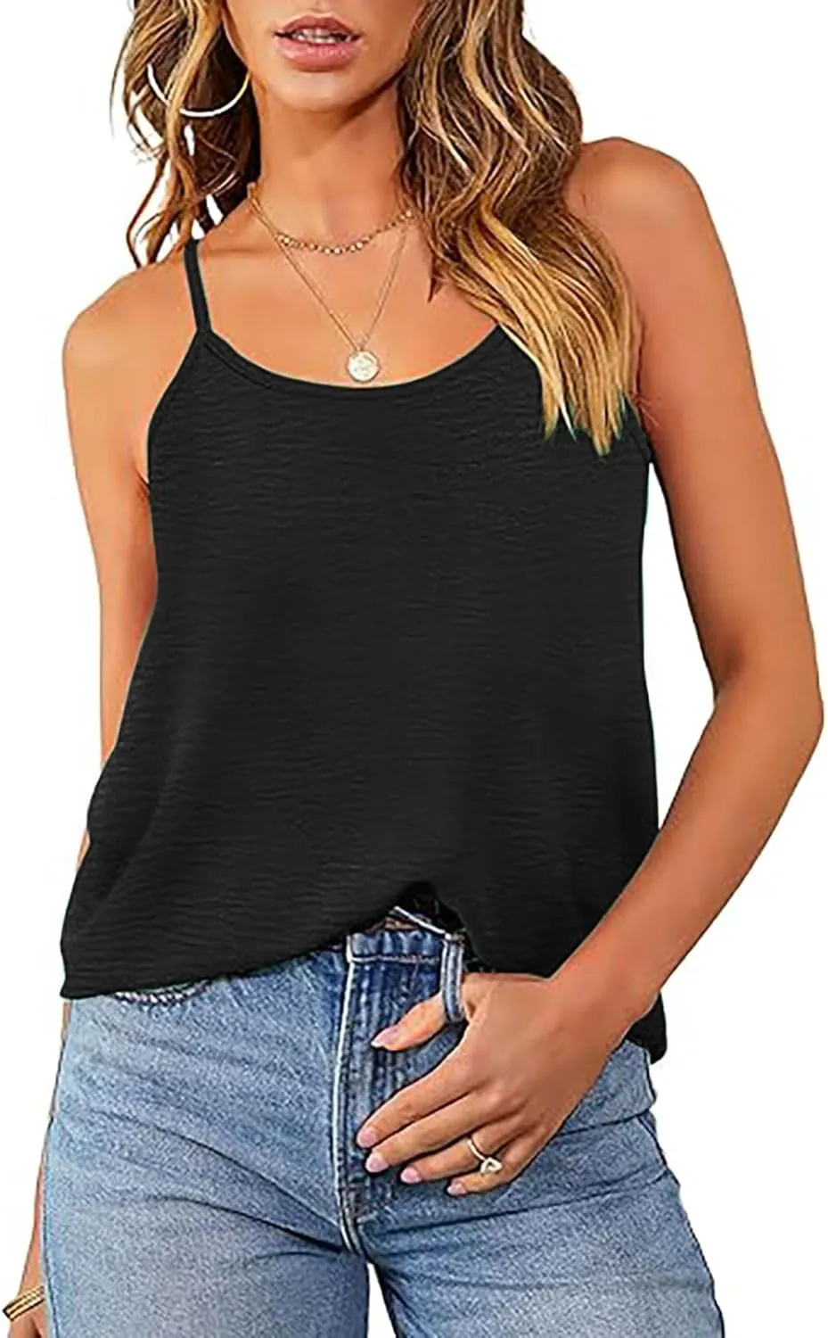 YRAETENM Womens Spaghetti Strap Tank Top Scoop Neck Sleeveless Camisole Tops Loose Fit Dressy Casual Shirts Summer Outfits