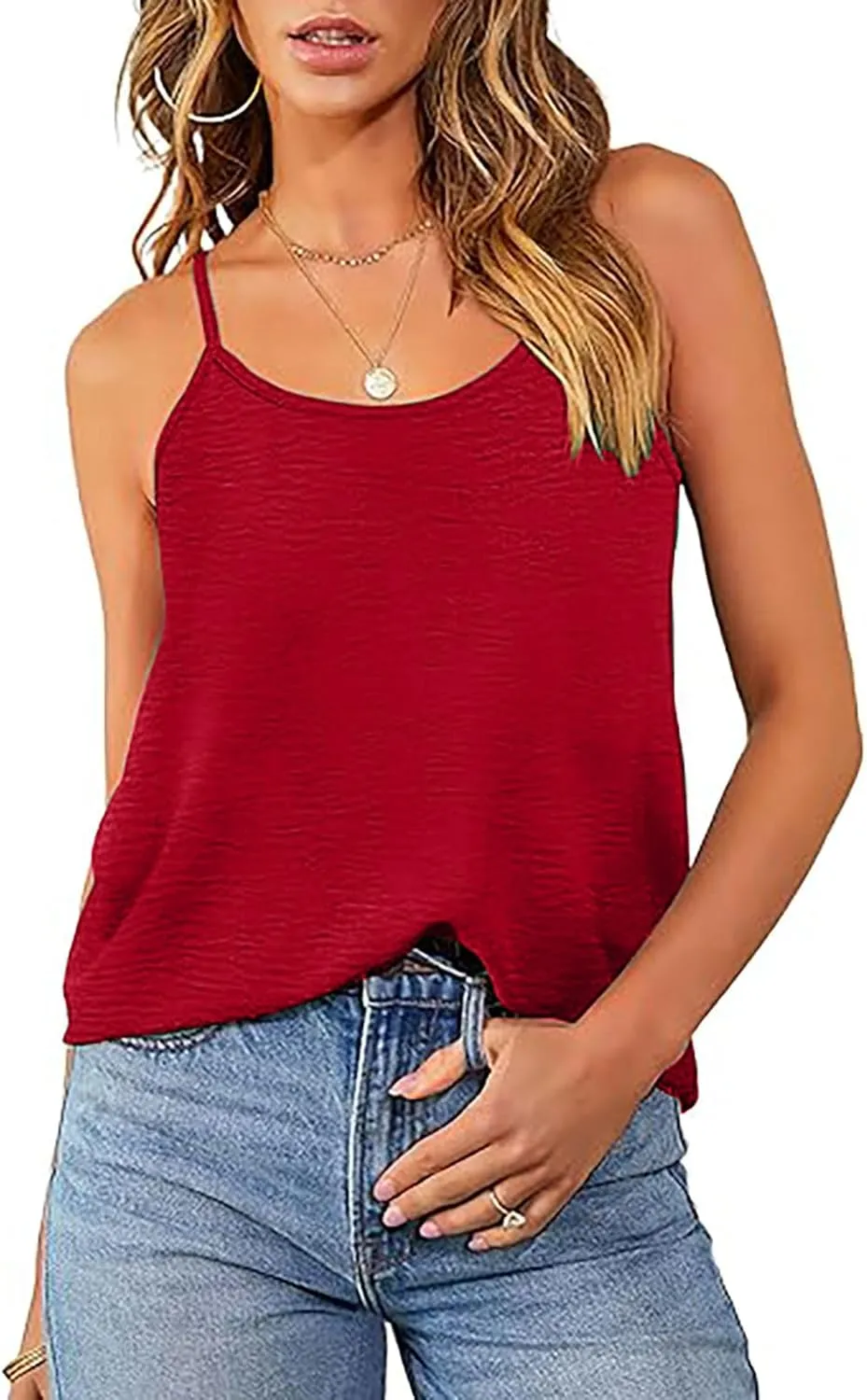 YRAETENM Womens Spaghetti Strap Tank Top Scoop Neck Sleeveless Camisole Tops Loose Fit Dressy Casual Shirts Summer Outfits