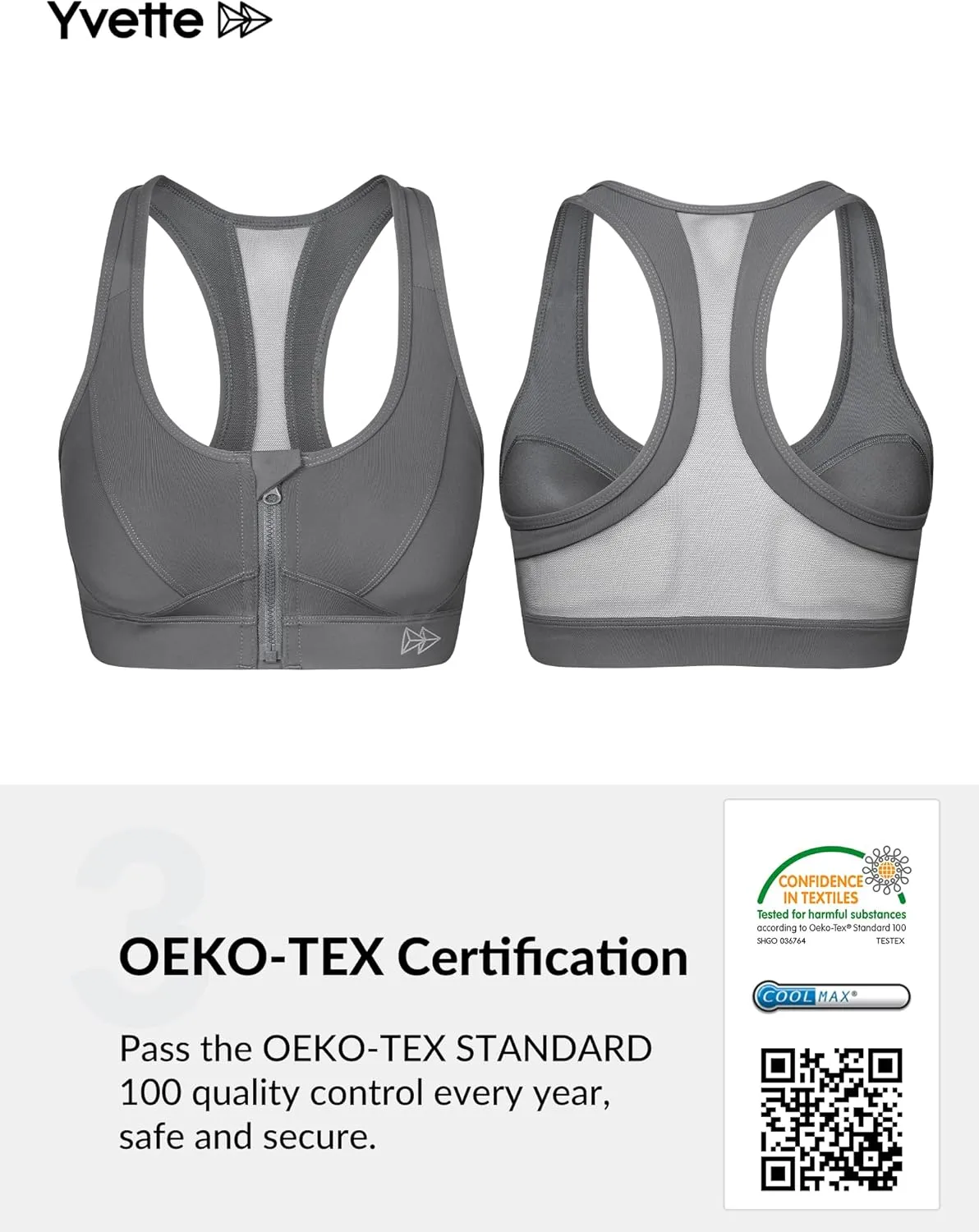 Yvette Zip Front Sports Bra - High Impact Sports Bras for Women Plus Size Workout Fitness Running