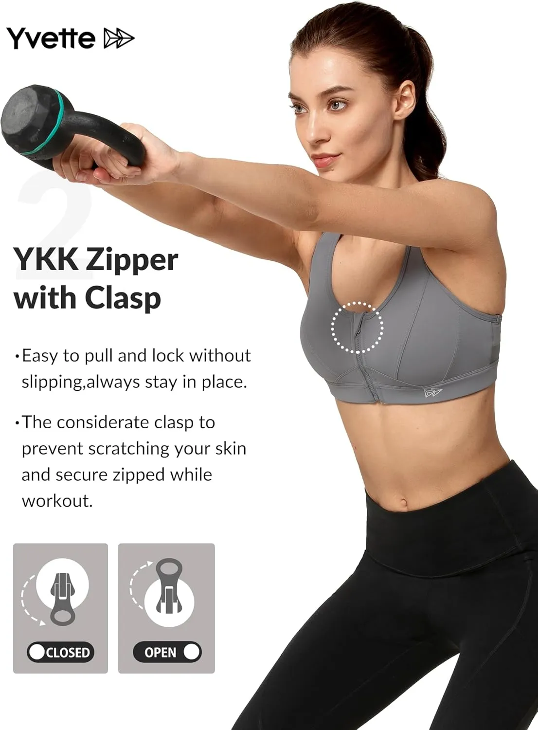 Yvette Zip Front Sports Bra - High Impact Sports Bras for Women Plus Size Workout Fitness Running